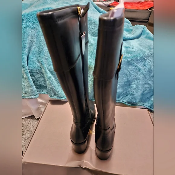 Franco Sarto Black Leather Knee High Wide Calf Boots - Picture 2 of 7